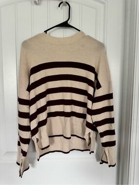 Striped Knit Sweater in Cream and Dark Red